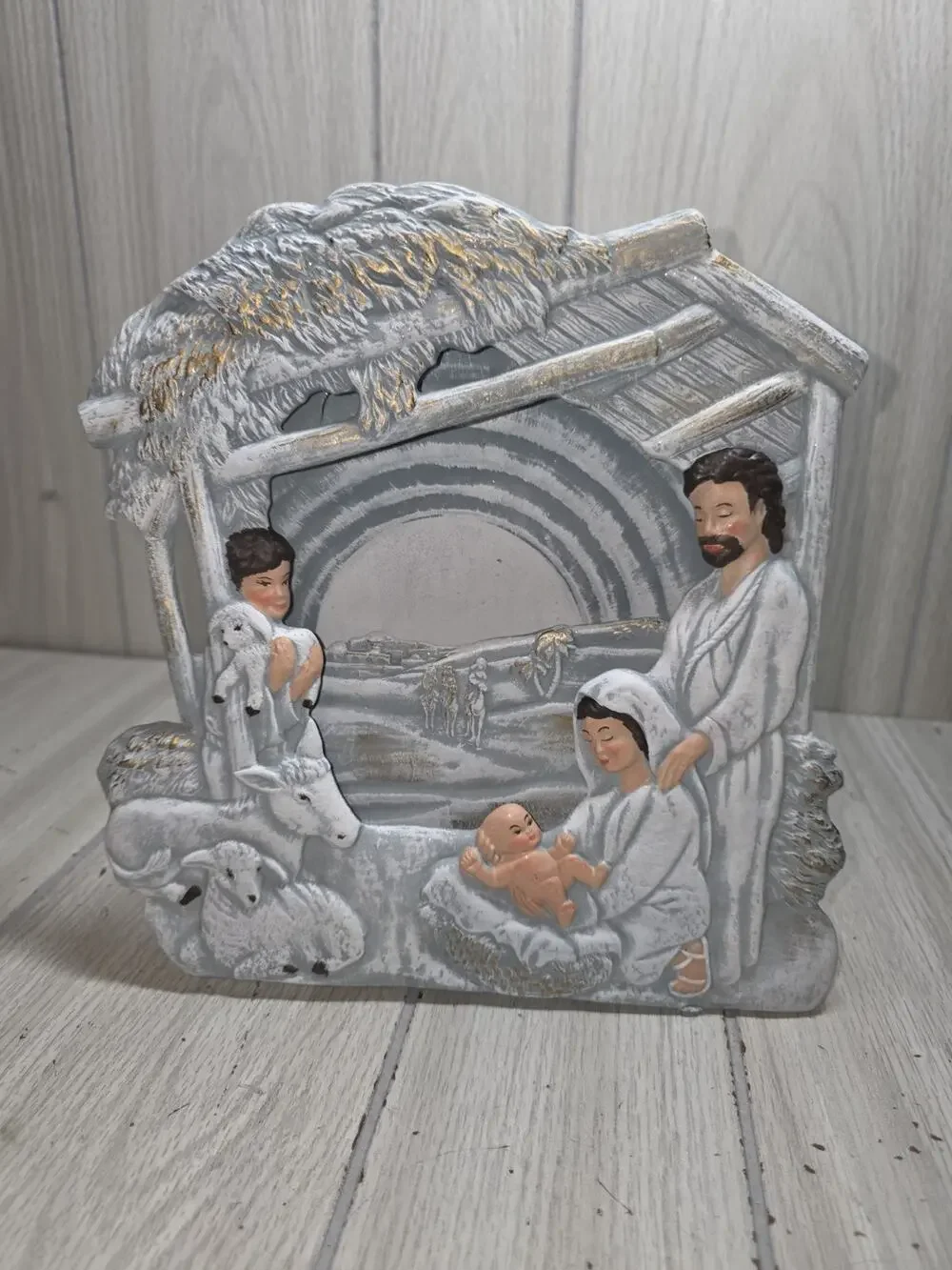 Vtg 1988 Ceramic One Piece Nativity Blue Creche 3D Religious Christmas Handpaint